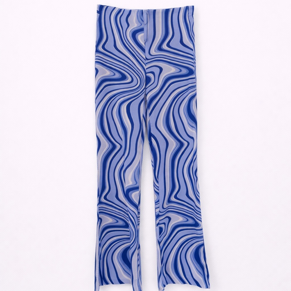 Zara Blue & White Psychedelics Swirl Flare Linen Pants, sz Small